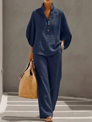 Maribel – ensemble en lin manches chauve-souris et pantalon large pour femme