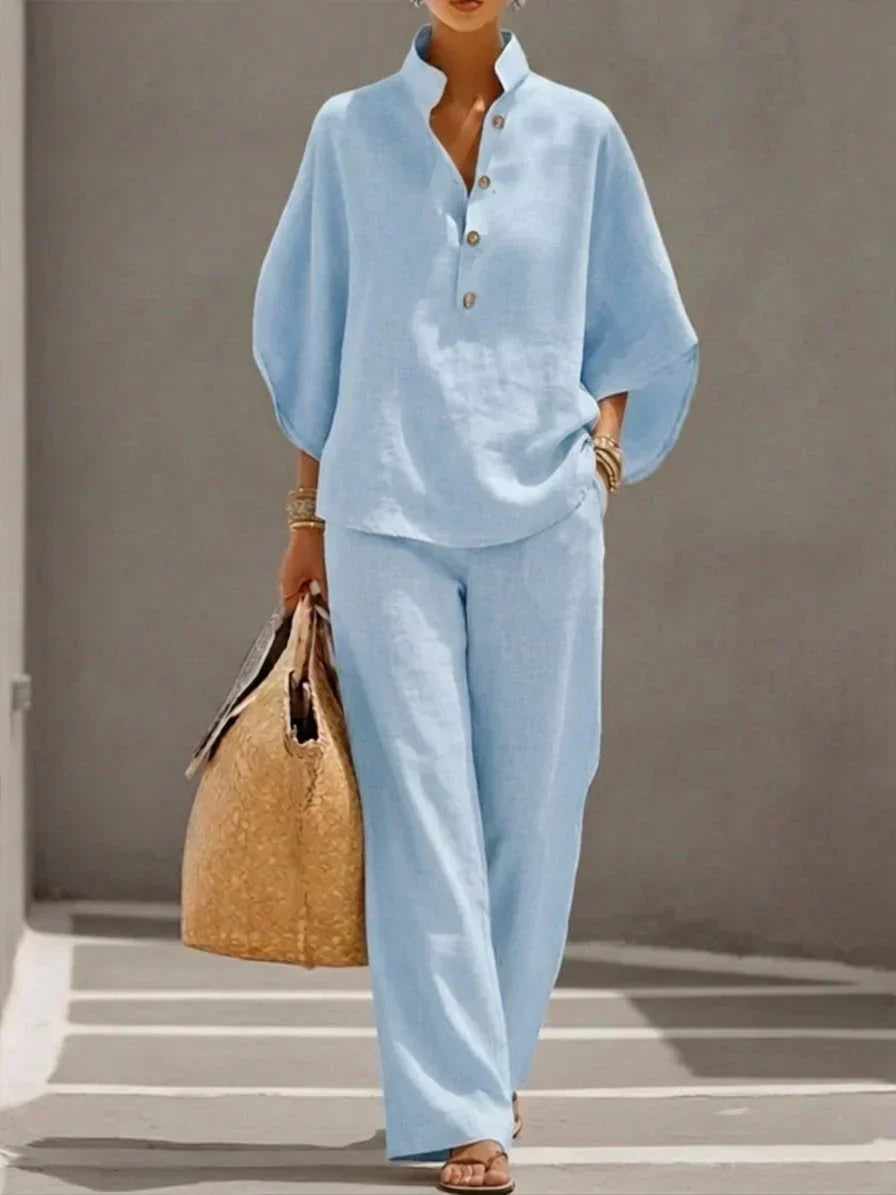 Maribel | Ensemble en lin manches chauve-souris et pantalon large