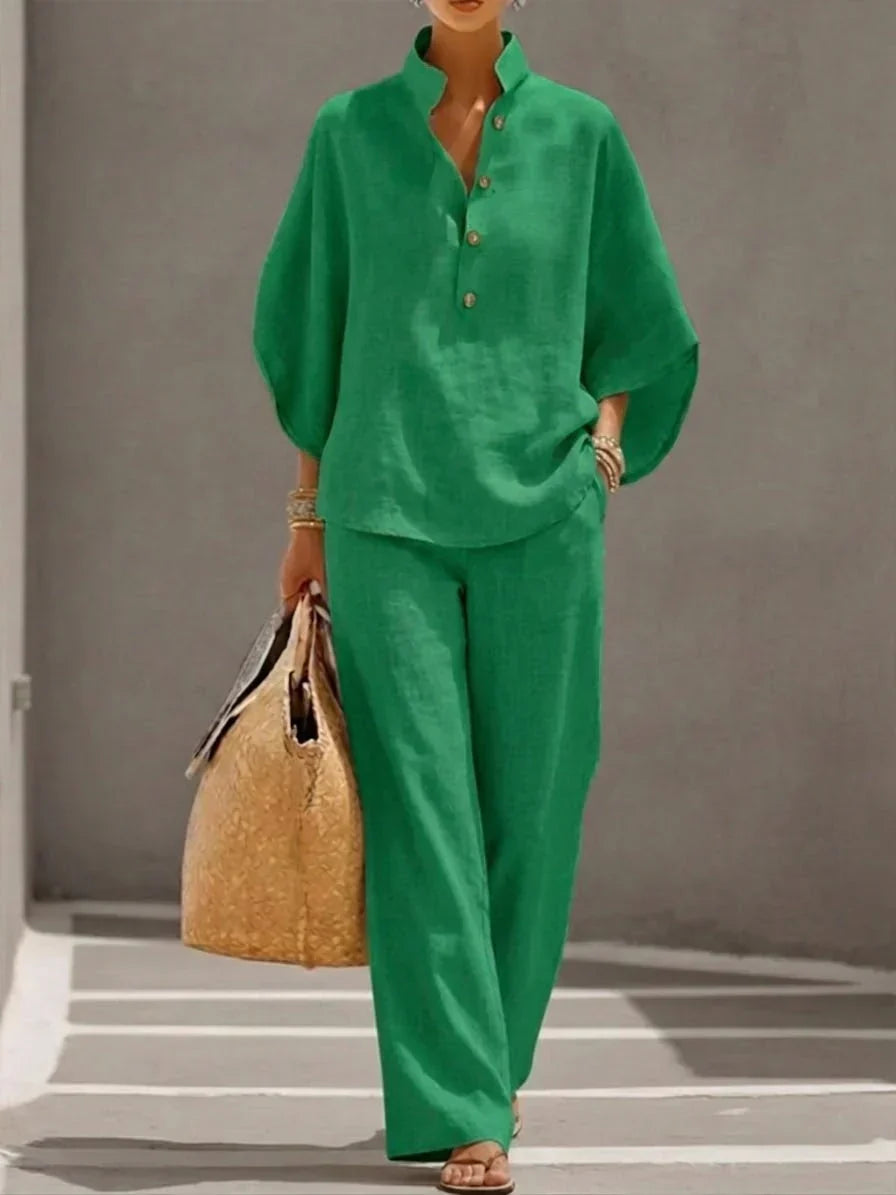Maribel | Ensemble en lin manches chauve-souris et pantalon large
