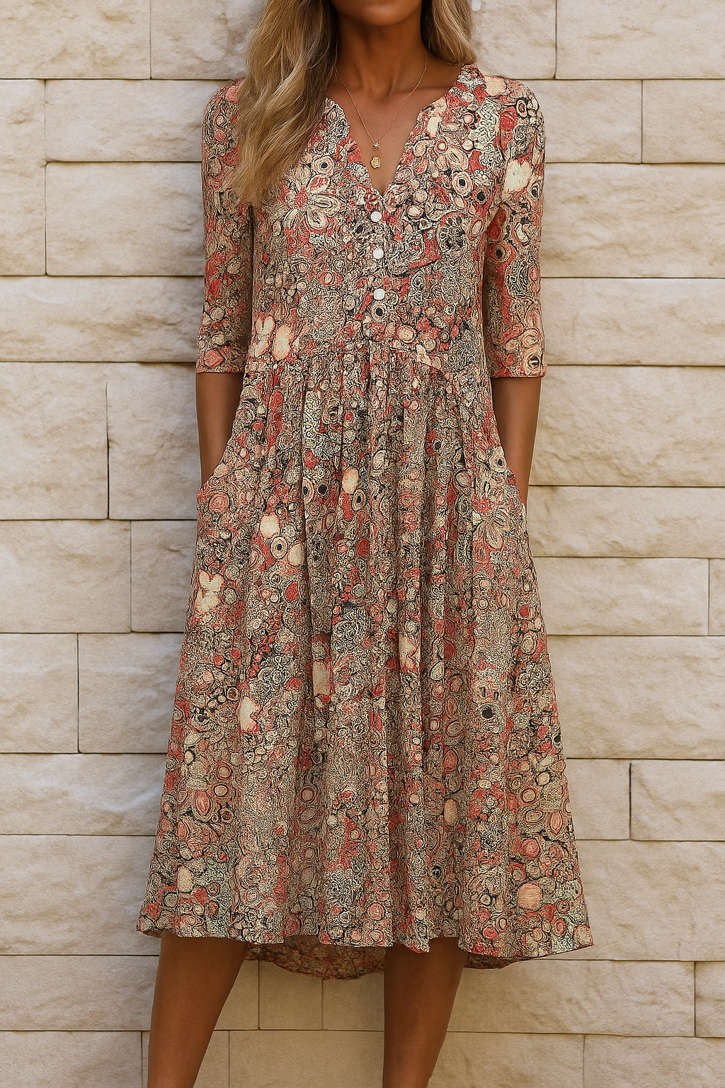Élise – robe midi imprimée à col V pour femme