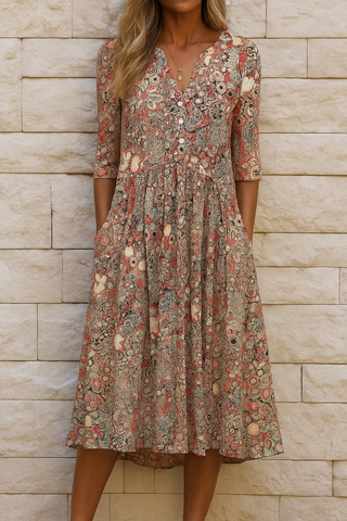 Élise – robe midi imprimée à col V pour femme